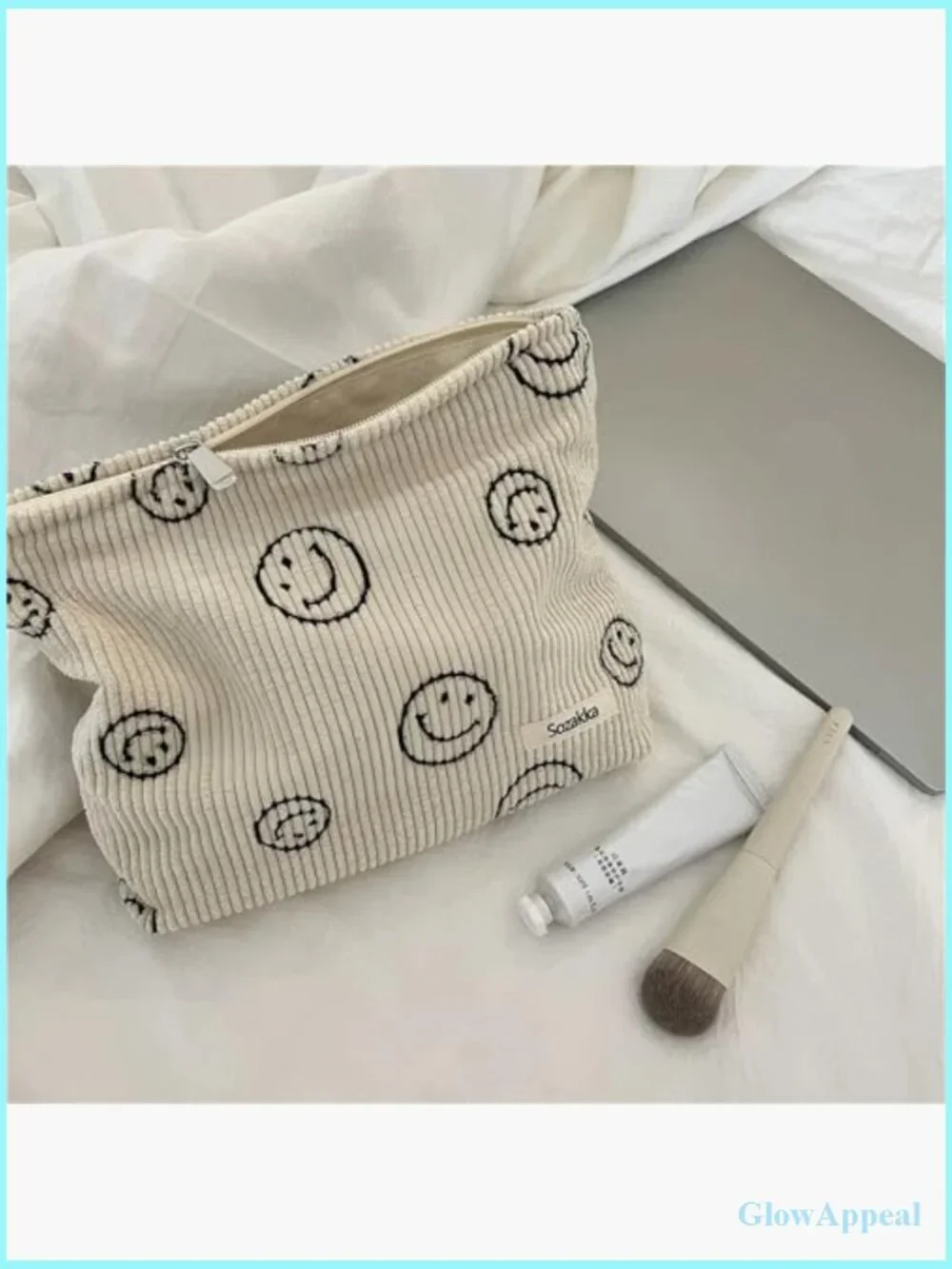 Corduroy Smile Dots Makeup Bag - Cute Cosmetic Pouch for Travel
